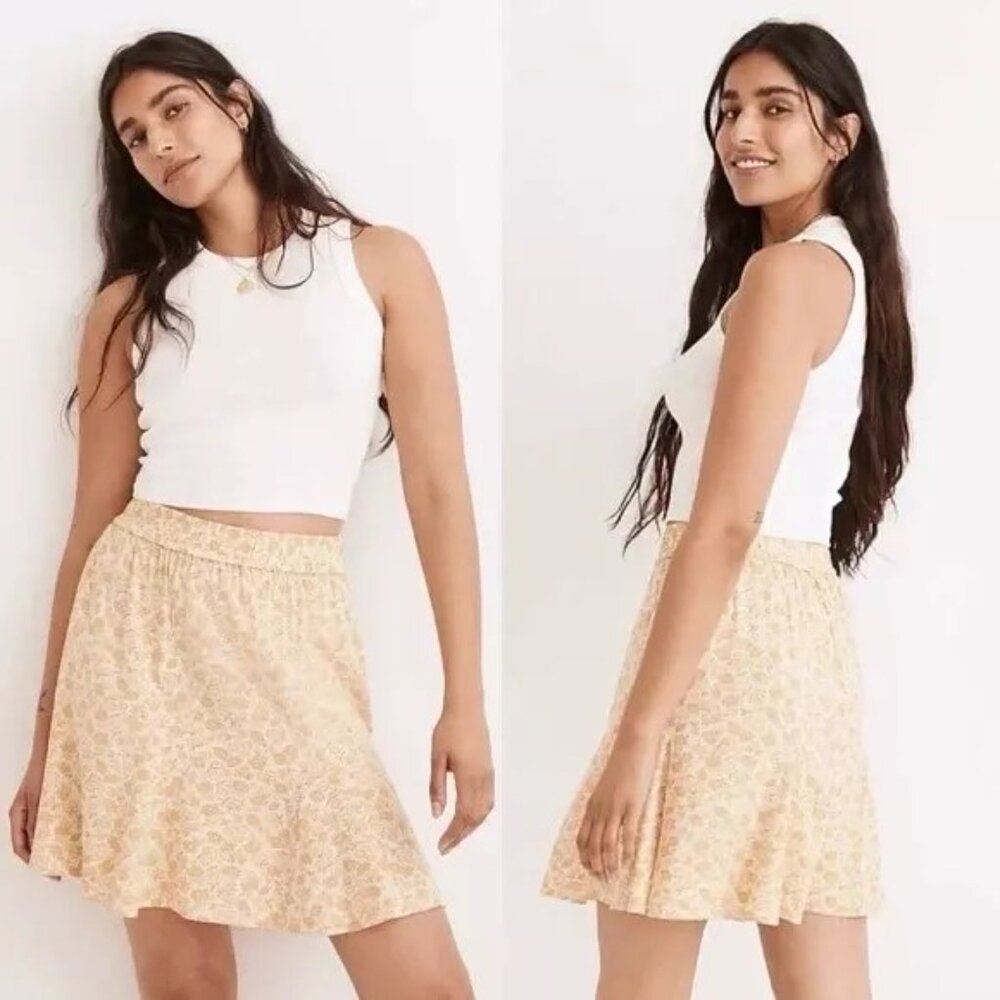 Madewell Swing Mini Skirt Size XL Yellow Piccola Floral Elastic Waist NWT